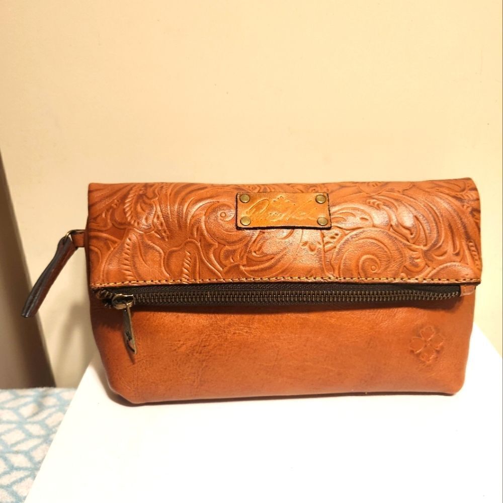 Patricia Nash "Valerie" Brown Tooled Leather Fold-over Clutch/Handbag Ret.$155